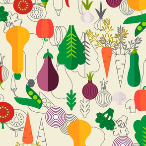 Veggie Delight- Bauhaus Vegetables- Colorful on Eggshell- Large Scale