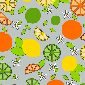 Citrus Pop- Orange Lemon Lime-  Colorful on Ash Gray- Large Scale