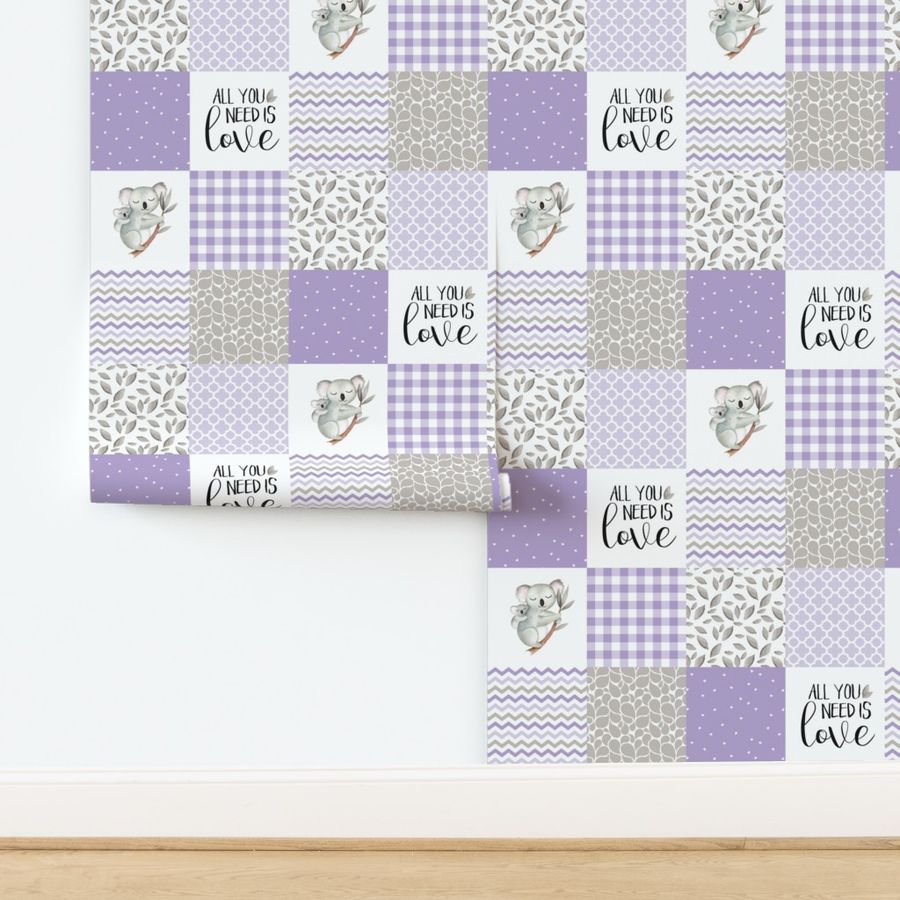 Koala//All you need is love//Purple - Wholecloth Cheater Quilt 