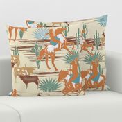 Wild West- Cowgirl Cowboy Herding Cattle in the Desert- Wheat Russet Tangerine Aqua Verdigris on Eggshell Leather Texture- Large Scale