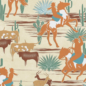 Wild West- Cowgirl Cowboy Herding Cattle in the Desert- Wheat Russet Tangerine Aqua Verdigris on Eggshell Leather Texture- Large Scale