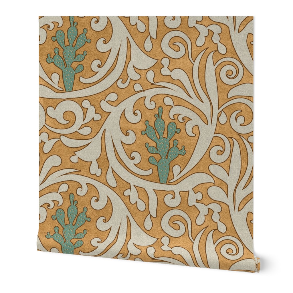 Wild West- Prickly Pear Tooled Leather Pattern- Verdigris Wheat Isabelline on Earth Yellow Leather Texture- Large Scale