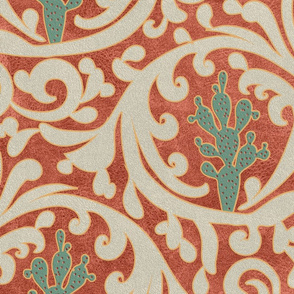 Wild West- Prickly Pear Tooled Leather Pattern- Verdigris Isabelline on Coral Leather Texture- Large Scale