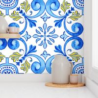 Watercolor Azulejos with Blue Curls