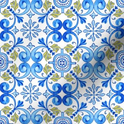 Watercolor Azulejos with Blue Curls