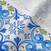 Watercolor Azulejos with Blue Curls