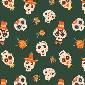 Dia De Los Muertos sugar skulls deep green - small scale