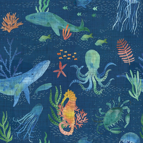 Watercolor Sea creatures-large scale - navy 