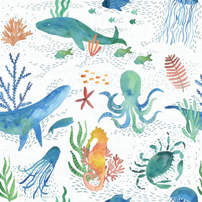 Watercolor sea creatures - white