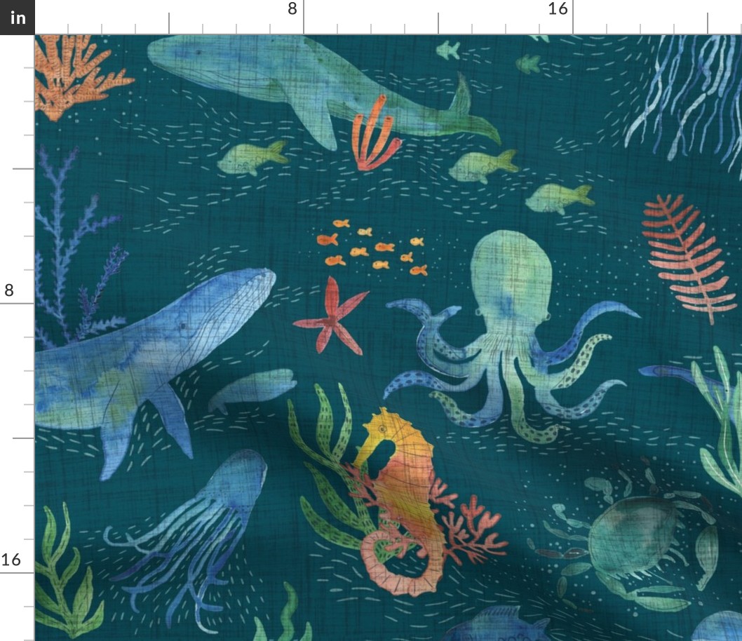 Watercolor sea creatures - large scale - teal