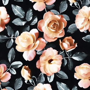 Vintage Apricot Roses with Charcoal Leaves on Black - large