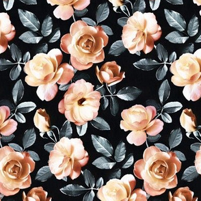 Vintage Apricot Roses with Charcoal Leaves on Black - small