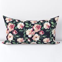 Retro Peach Roses with Olive Leaves on dark - large