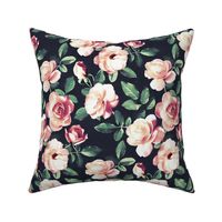 Retro Peach Roses with Olive Leaves on dark - large