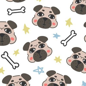 Cute pugs muzzles on white background