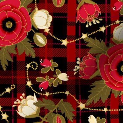 Holiday Poppies on Plaid with Star Chains Paducaru