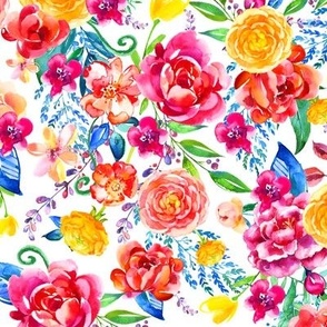 Summer Spring Floral Bright Watercolor Floral Blue Pink Coral Yellow 