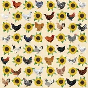 SMALL chickens florals fabric - sunflower floral fabric, farm fabric, chicken lady fabric, chickens fabric - cream