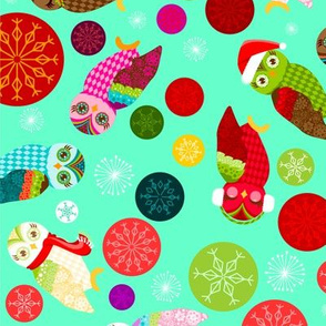 Holiday Owls & Snowflakes on Mint