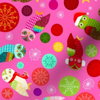 Holiday Owls & Snowflakes on Pink