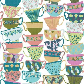 Stack of teacups_Blues green and pinks