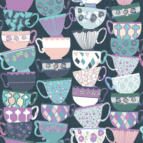 Stack of teacups_Blue background