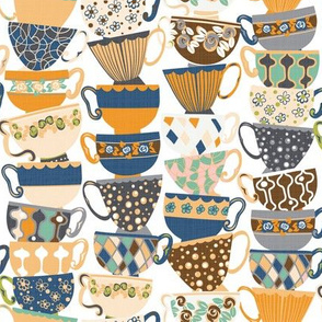 Stack of teacups_Orange and blues