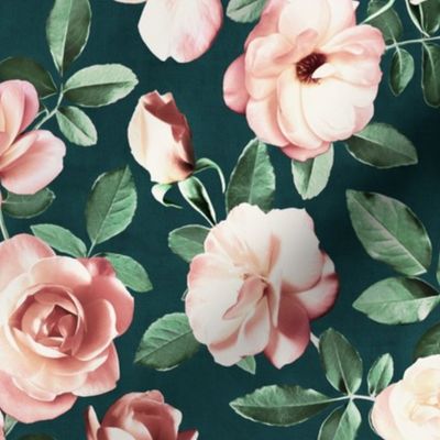 Moody Green and Peach Pink Retro Roses - large