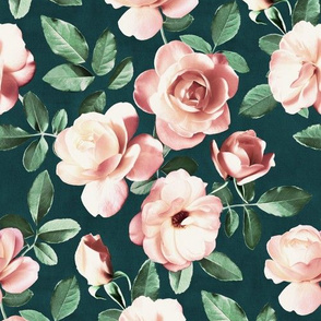 Moody Green and Peach Pink Retro Roses - large