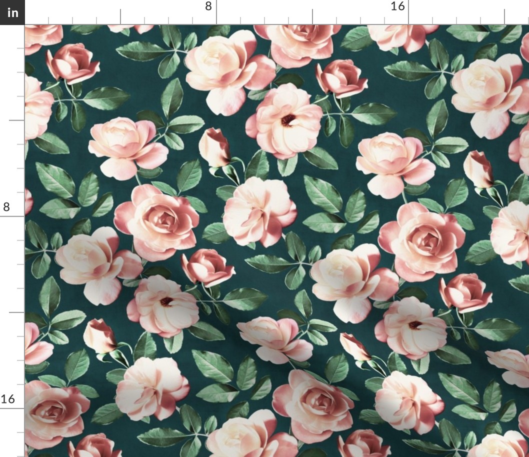 Moody Green and Peach Pink Retro Roses - large