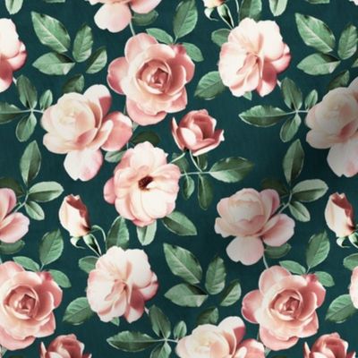 Moody Green and Peach Pink Retro Roses - small