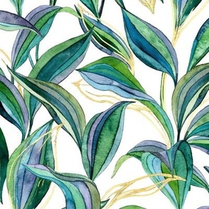 Lines and Leaves in Gold, Greens and White - large