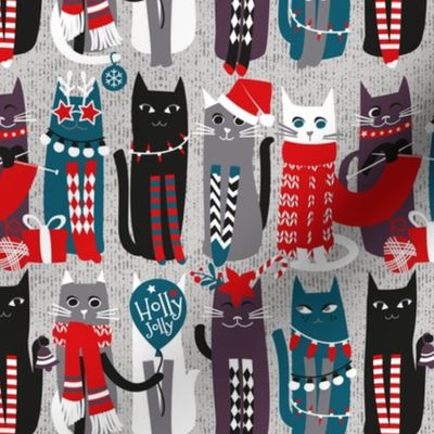 Small scale // Feline Christmas vibes // grey background grey green white purple beet and black kittens