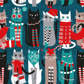 Normal scale // Feline Christmas vibes // dark teal background grey mint white brown and black kittens