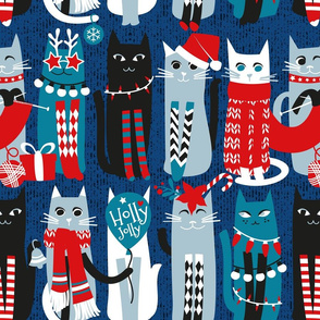 Normal scale // Feline Christmas vibes // blue background blue white and black kittens
