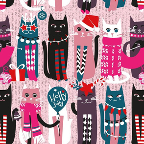 Normal scale // Feline Christmas vibes // pastel pink background green fuchsia pink white and black kittens