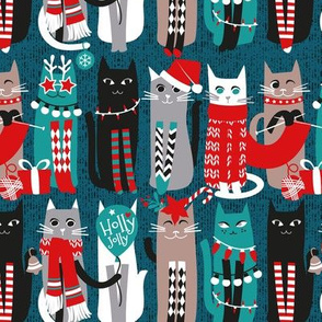 Small scale // Feline Christmas vibes // dark teal background grey mint white brown and black kittens