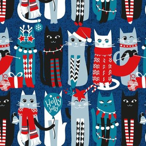 Small scale // Feline Christmas vibes // blue background blue white and black kittens