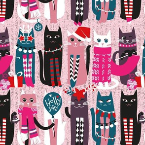 Small scale // Feline Christmas vibes // pastel pink background green fuchsia pink white and black kittens