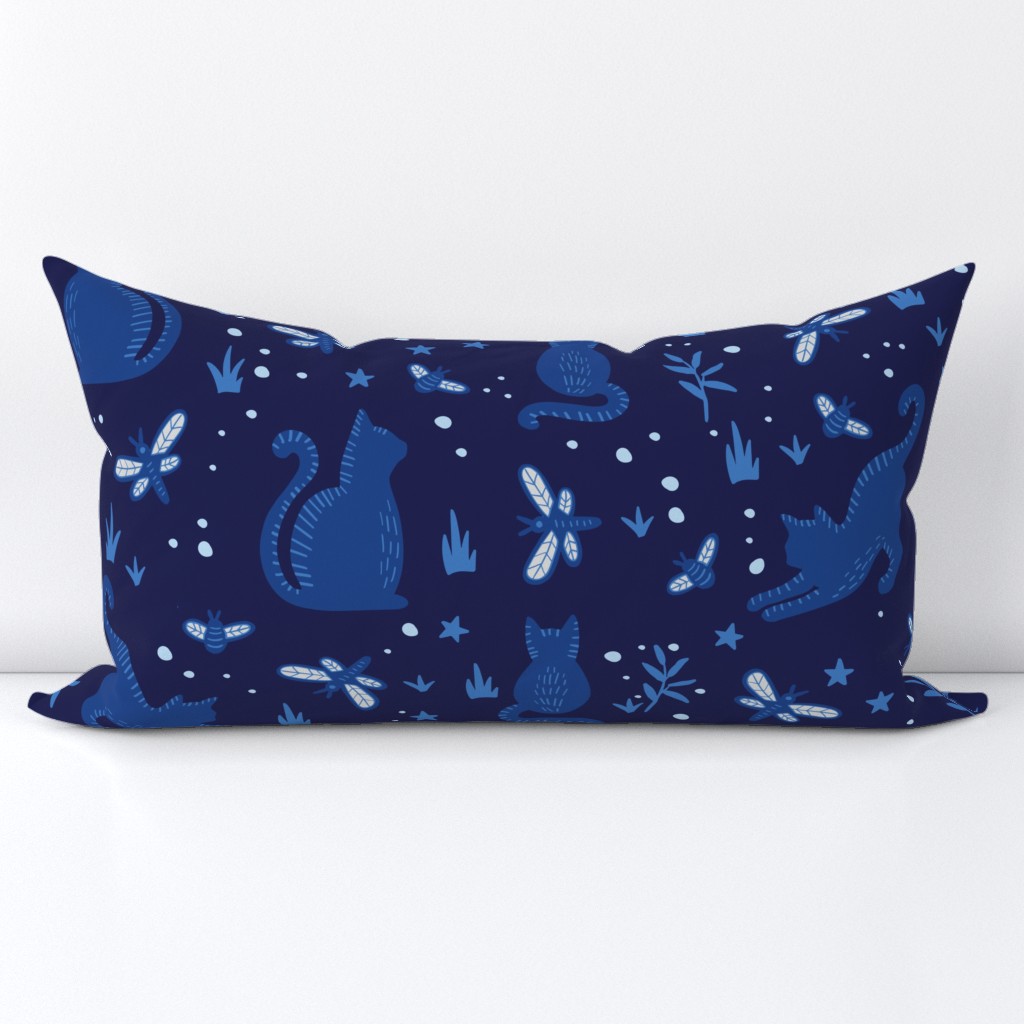 Large Cats and Dragonflies Night Prowl Navy Blue