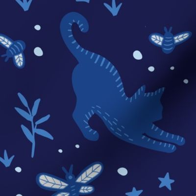 Large Cats and Dragonflies Night Prowl Navy Blue