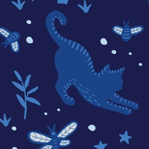 Large Cats and Dragonflies Night Prowl Navy Blue