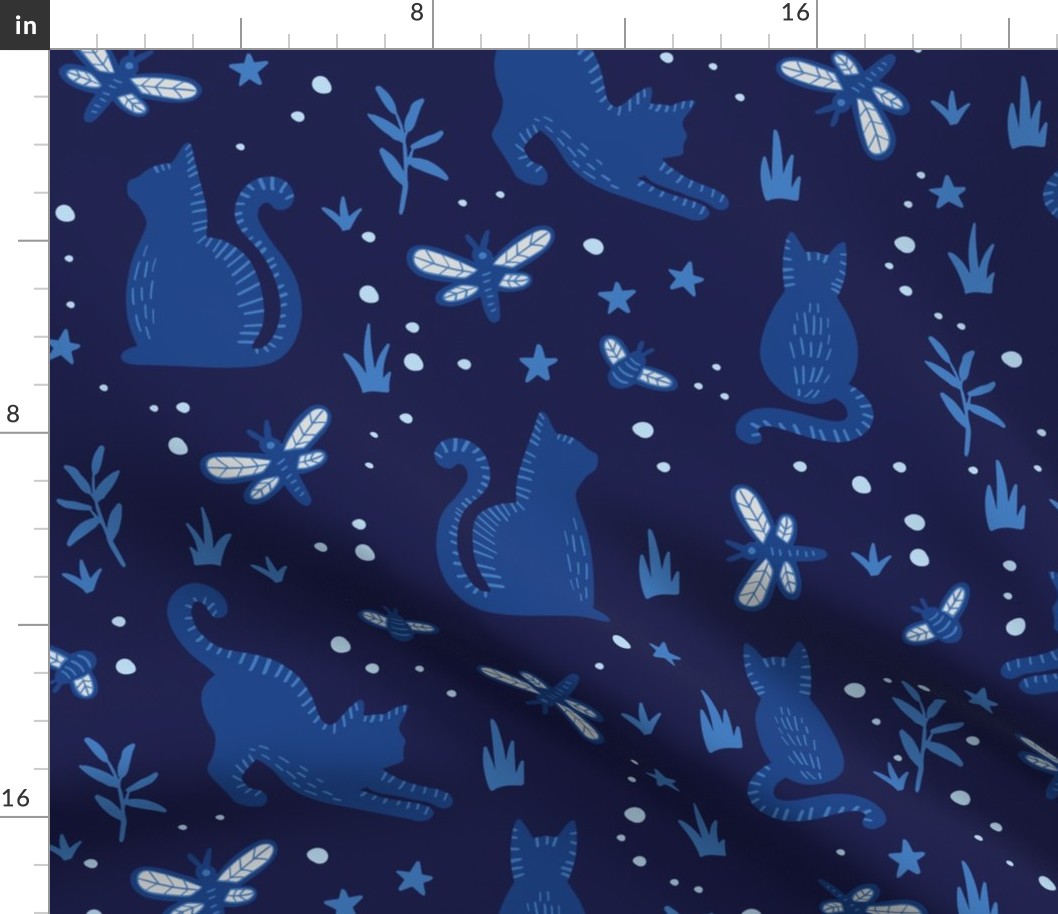 Large Cats and Dragonflies Night Prowl Navy Blue