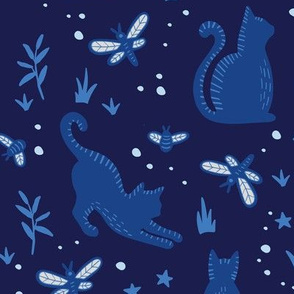 Medium Cats and Dragonflies Night Prowl Navy Blue