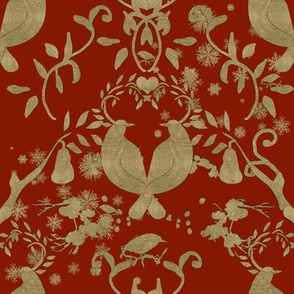 Gold Partridge Snowflakes Red