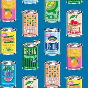 Canned Mood* (Risograph Blue Liz) || cans  food goods grocery supermarket price tags feelings fruits vegetables rainbow pride puns