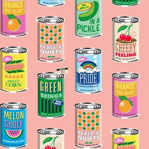 Canned Mood* (Risograph Mona) || cans  food goods grocery supermarket price tags feelings fruits vegetables rainbow pride puns