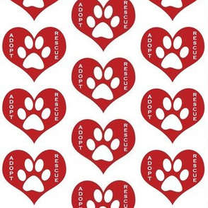 Adopt, Rescue, Dog paw in red hearts
