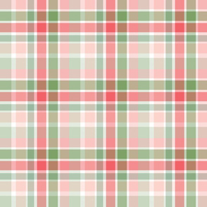 Peachy Pink and green plaid on white