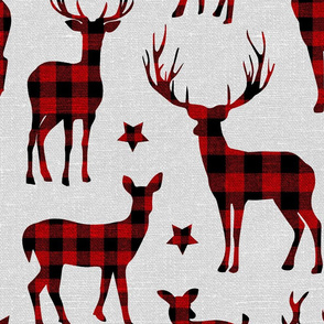 Buffalo Plaid Reindeer on light grey linen - large scale 